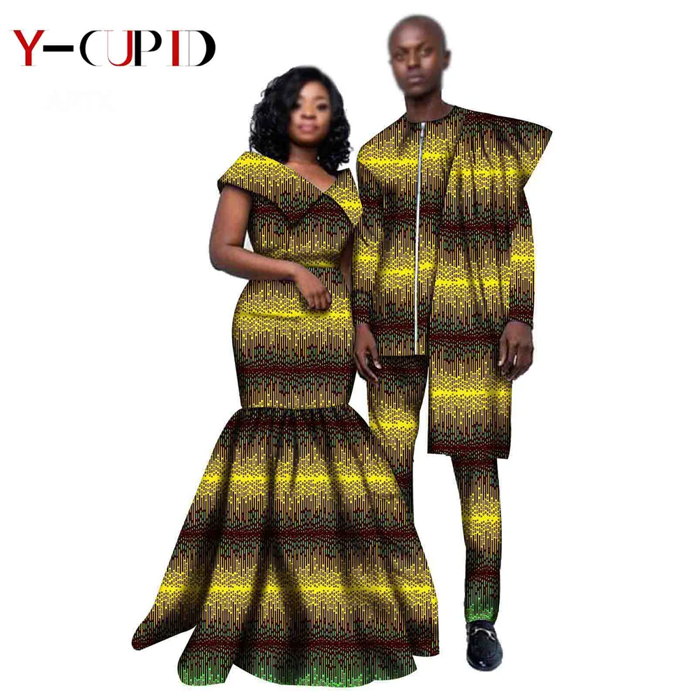 African Clothes for Couples Women Ankara Long Mermaid Dresses Lover Clothes Bazin Riche Men Unquie Shirt and Pants Sets YS20C005