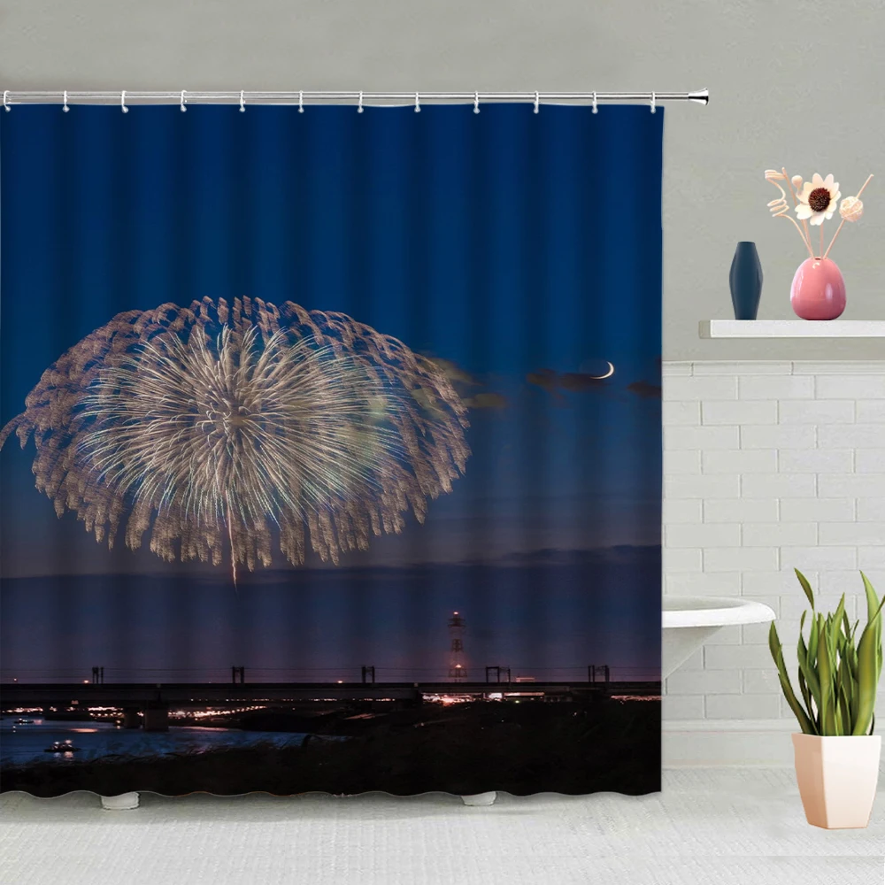 

Летняя Приморская душевая занавеска с фейерверком, океанская ночь, брикет города, подвесная занавеска, декор для ванной комнаты, экран для в...