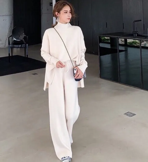 

2021 Winter Women Sweater Suits and Sets Turtleneck Long Sleeve Knitted Sweaters Long Trousers 3 Pieces Set Winter