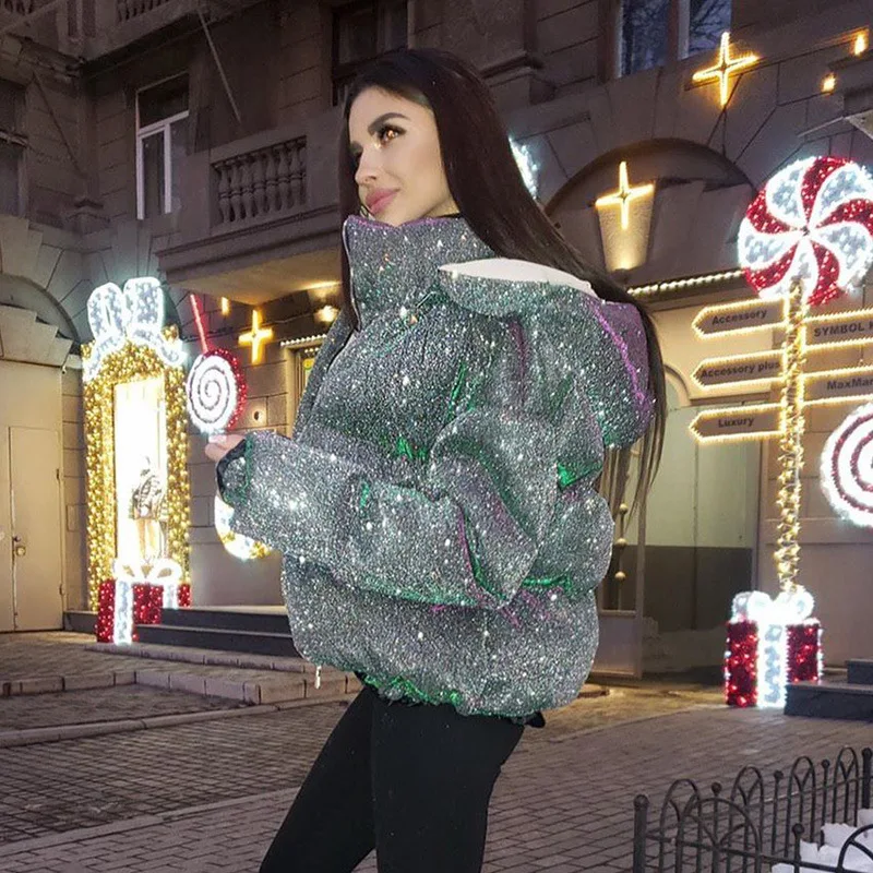 

Women Thick Glitter Sequins Fashion Parka Winter Elegant Warm Puffer Jacket Ourwear Glowing Quilted Coats Female