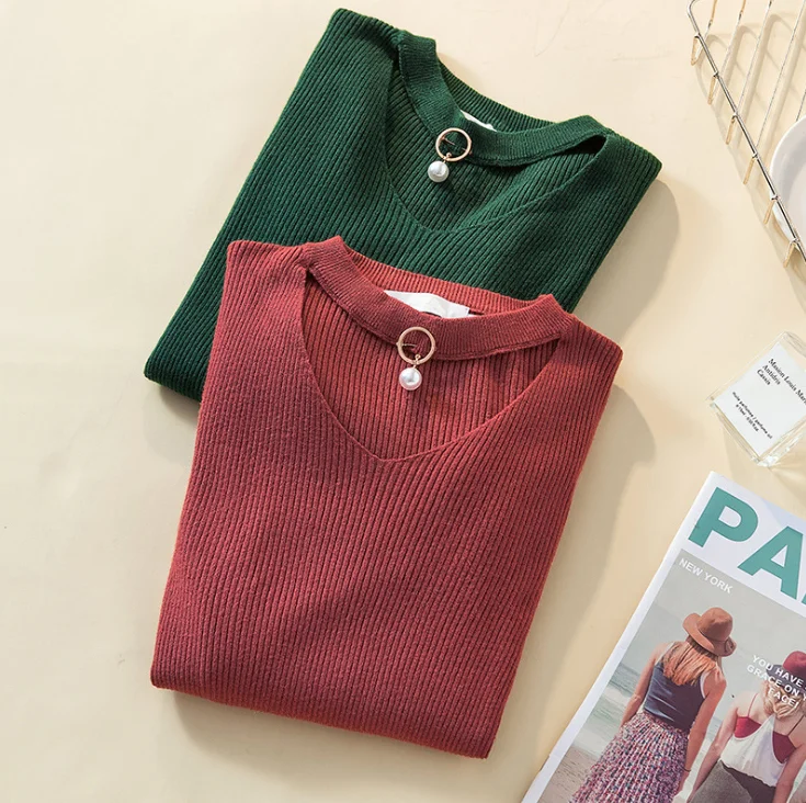 Autumn and winter plus fat large size women's V-neck pendant fashion sweater ladies slim long-sleeved bottoming shirt t Женская