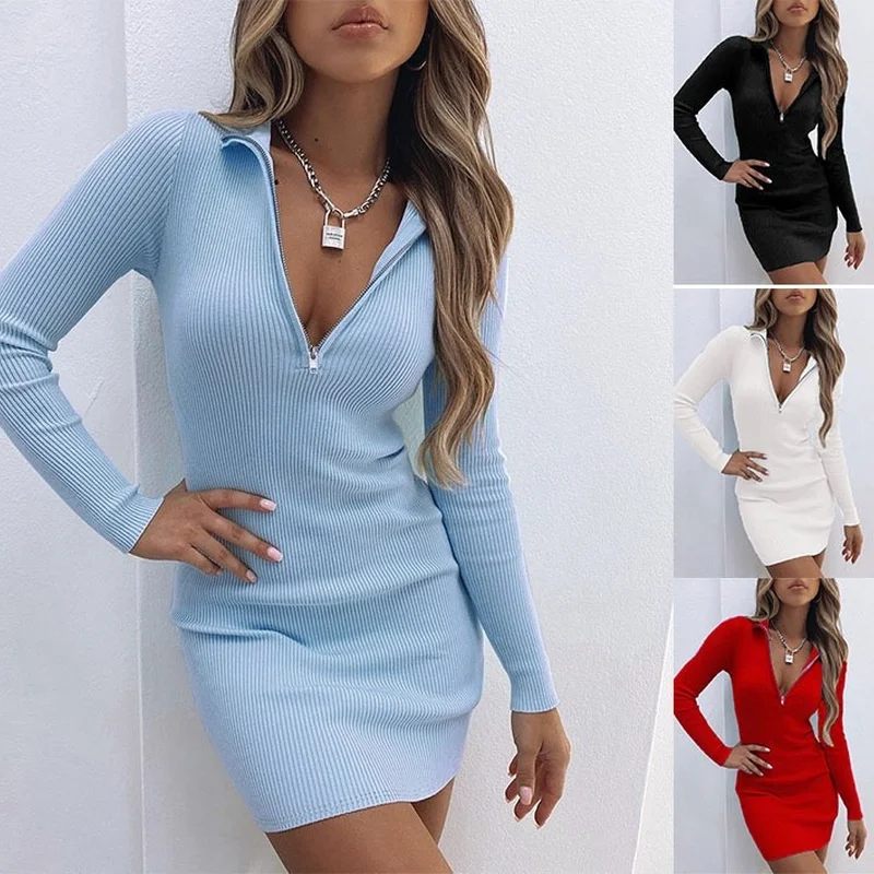 

Sexy Tight Dress Solid Color Lapel Zipper Waist Long Sleeve Bottoming Hedging Pencil Skirt Female Fashion Temperament Commuting