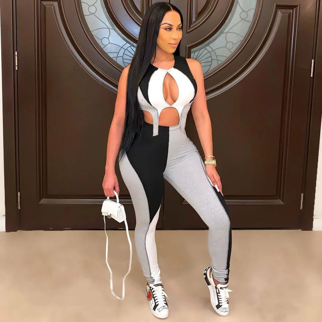 

Fashion Casual Two-color Stitching Women's Two-piece Asymmetrical High-waist Suit Contrast Sportswear Jogger Contrast Trousers