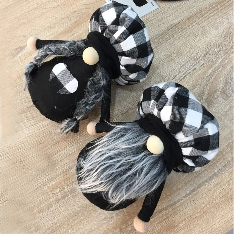 

2PCS Handmade Tomte Swedish Black and White Plaid Gnome Nisse Scandinavian Gnomes Ornaments