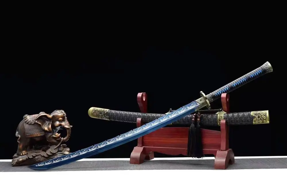 

Handmade Chinese Kung Fu Sword Sharp Blue High Manganese Steel Blade Wushu Dao Broadsword Battle Ready Full Tang
