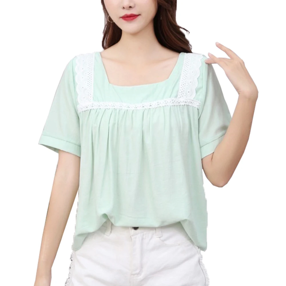 YOMING Women 2021 Summer Short Sleeve Slim Square collar Lace Trim Solid Color Shirt Elegant Blouse Рубашки images - 6