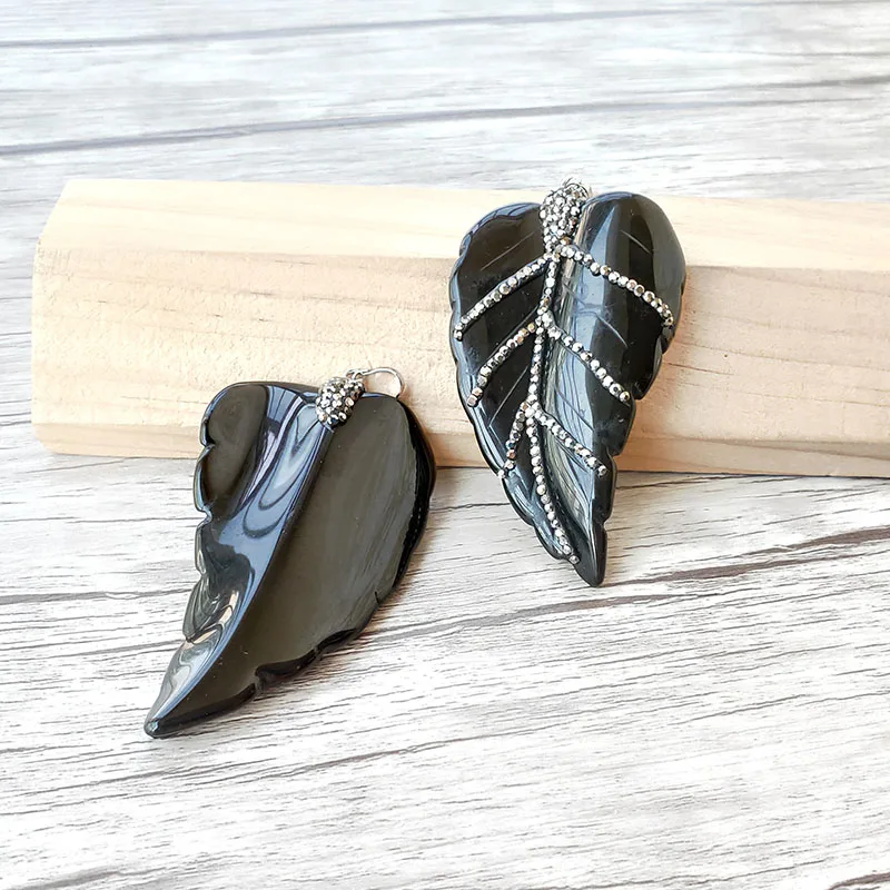5Pcs Hematite beads necklace,obsidian stone leaf shape charm Pendant rhinestone crystal pave For Women Jewelry NK517