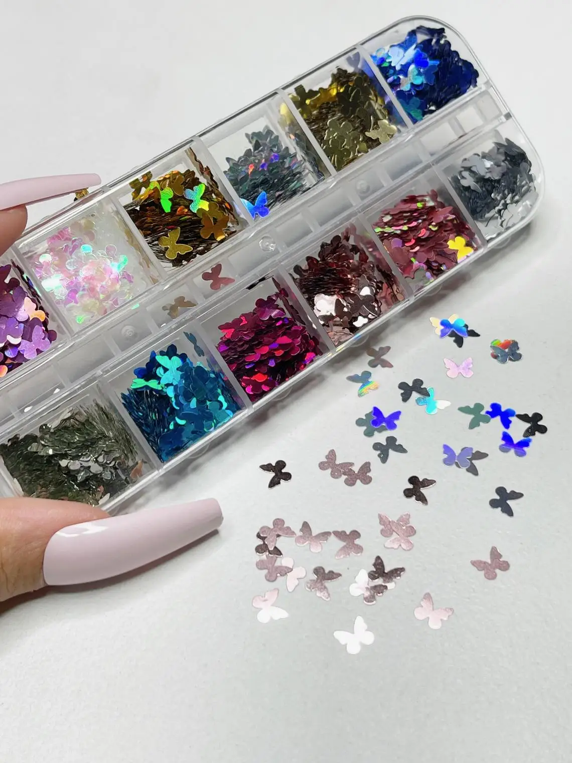 

5MM Holographic Butterfly Nail Art Glitter In 12Girds/Box Colourful Sparkly Face,Body,Hair,Nails Laser Dreamy Butterfly Glitter&