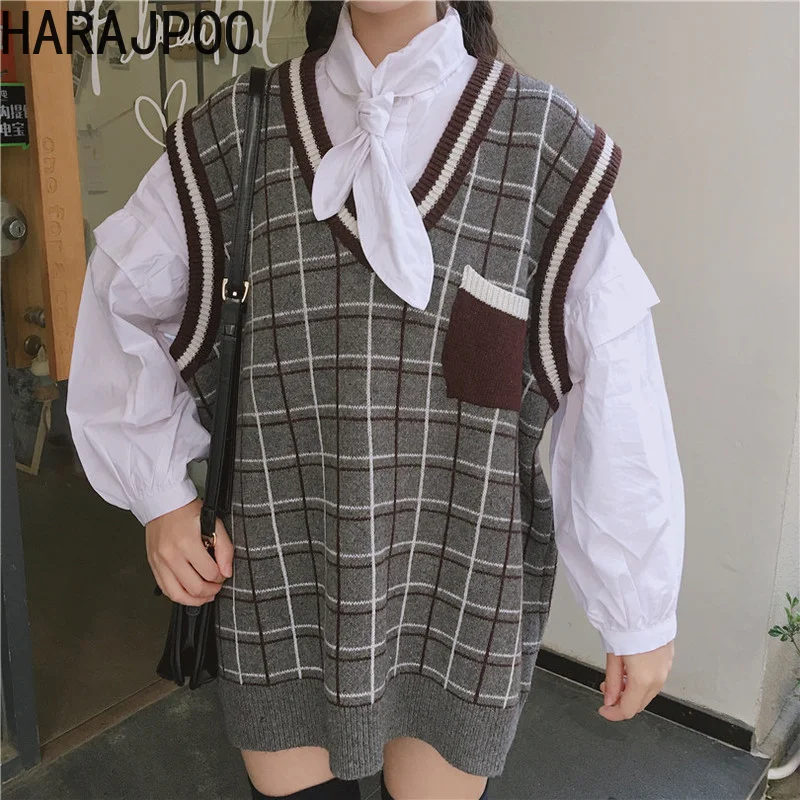 

Женский жилет в клетку Harajpoo Y2k в корейском винтажном стиле, новинка на весну-осень, студенческий свободный свитер с V-образным вырезом, жилет ...