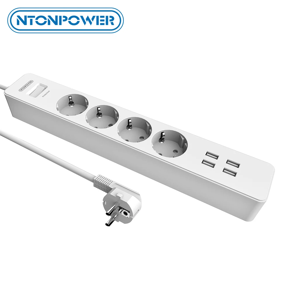 NTON Мощность НСК Smart USB Мощность полосы гнездо ЕС Plug перегрузки коммутатора Стабилизатор напряжения 4 розетки 4 Порты и разъёмы USB Зарядное устройство- 1,8 м Мощность шнур