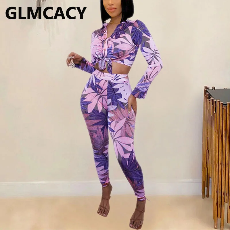 

Women Two Piece Leaf Printed Suits Long Sleeve Button Up Shirt Blouse & Slim Pants Set