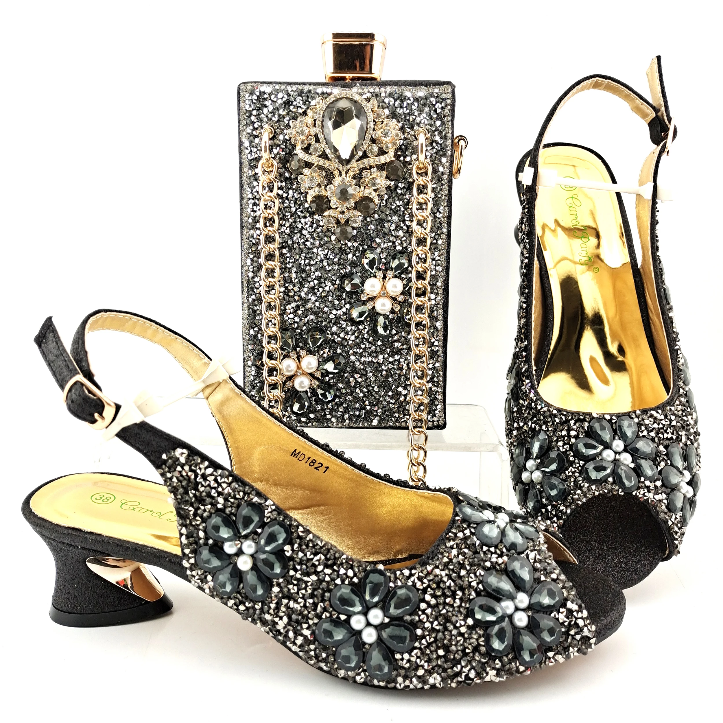 

Black Elegant shiny retro alloy full rhinestone accessories ladies shoes and bag set Wedding Party shoe And bag