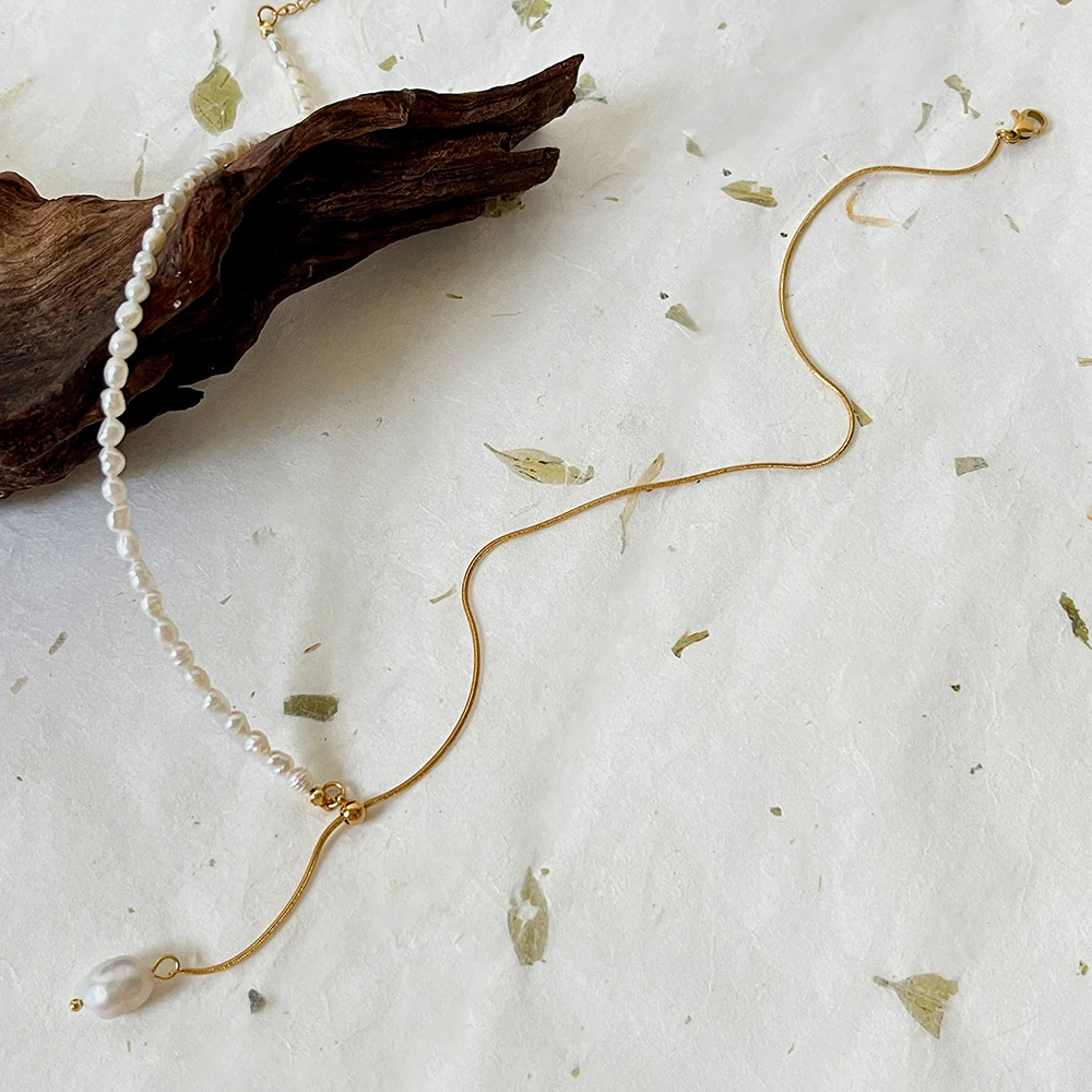 Monlansher Натуральный жемчуг титановая сталь сращенное ожерелье тонкая цепочка в