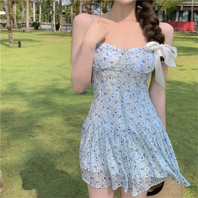 

Chic Spaghetti Strap Floral Dress Women Sleeveless Mini Summer Ladies Sling Backless Dress Y939
