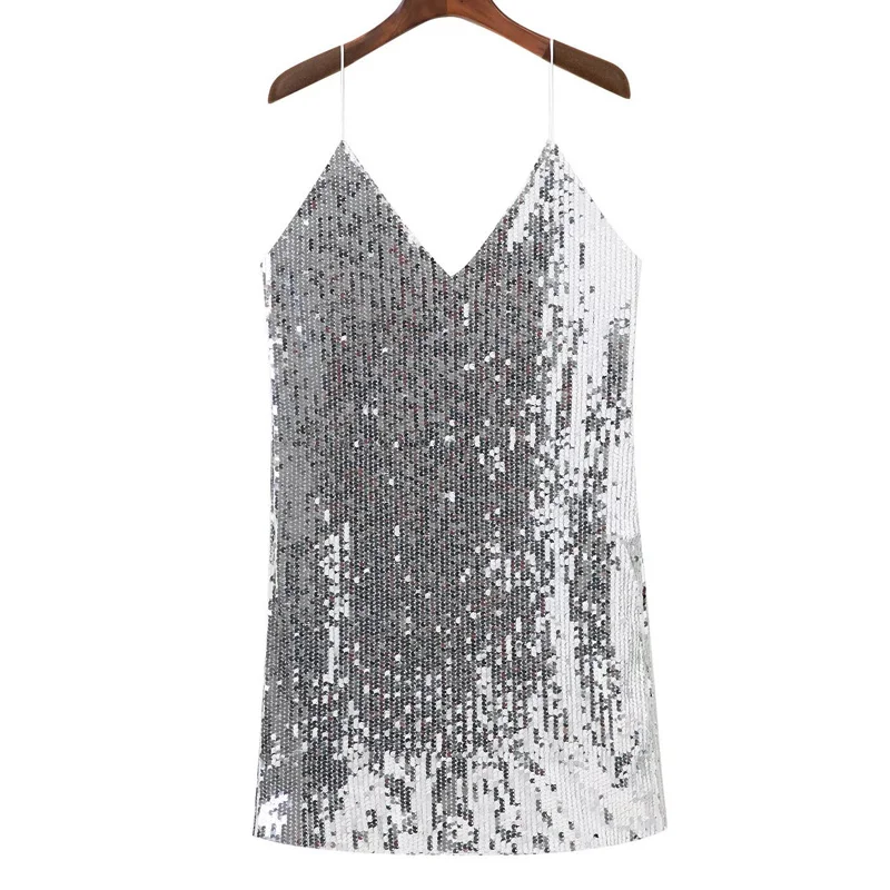 

Deep V Neck Autumn Silver Sequined Backless Sexy Dress Women Off Shoulder Mini Dress Christmas Party Club Strap Dresses Vestidos