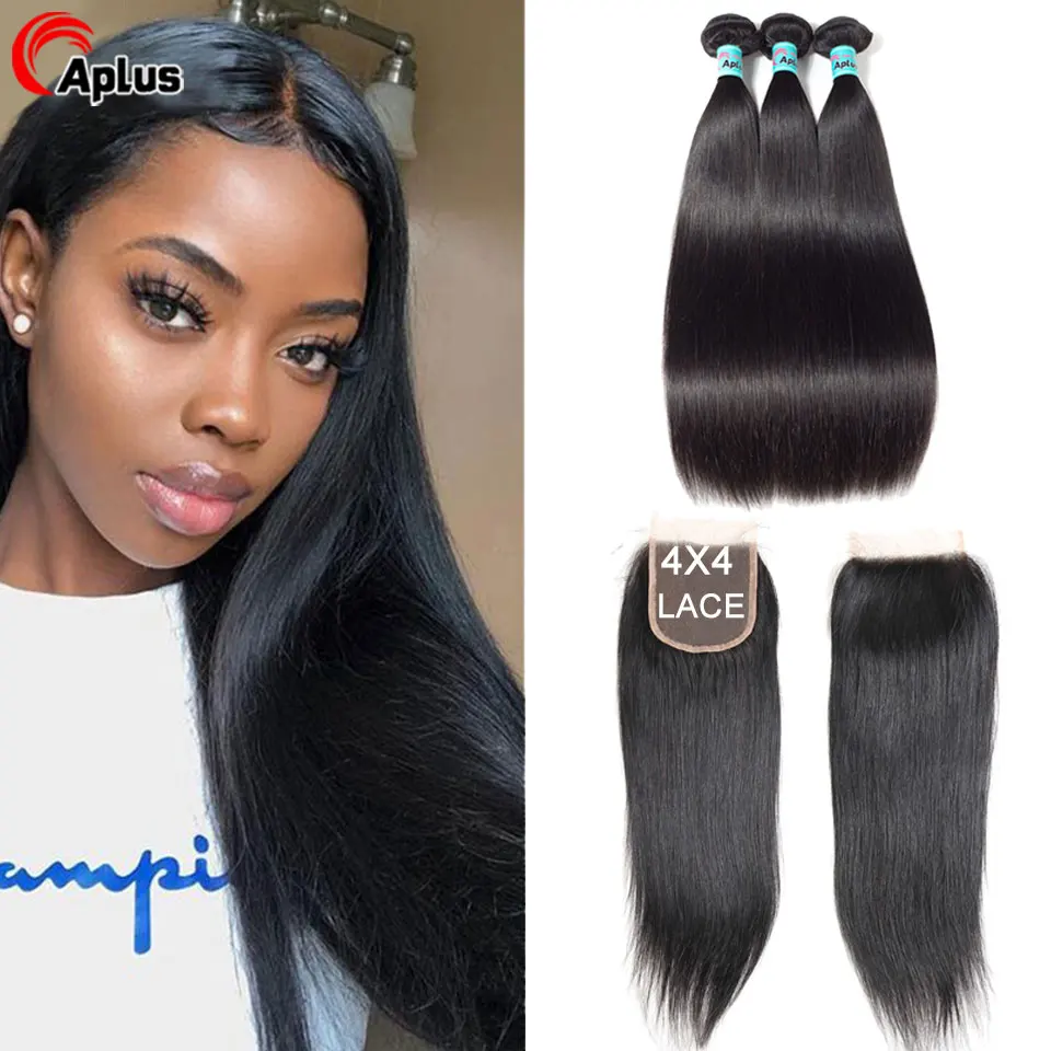 Aplus человеческие волосы прямые перуанские пряди с закрытием 3 пучка волос сделки