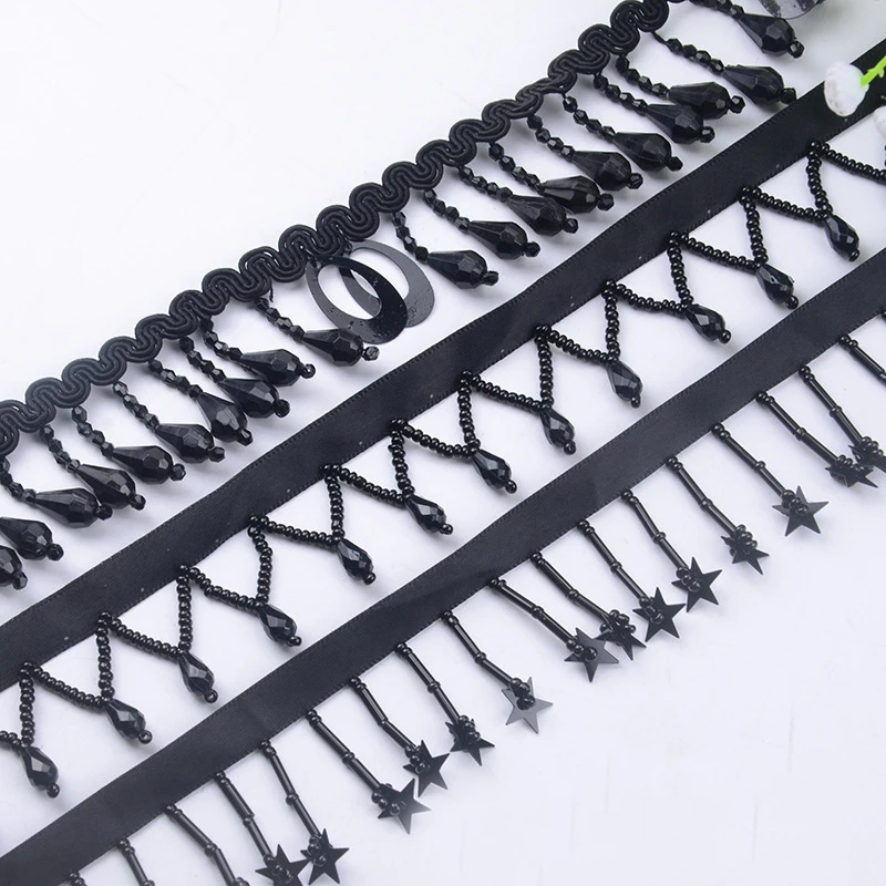 5yd Черный Висячие Бусины кружева бахрома Бисером кружевная отделка для шитья