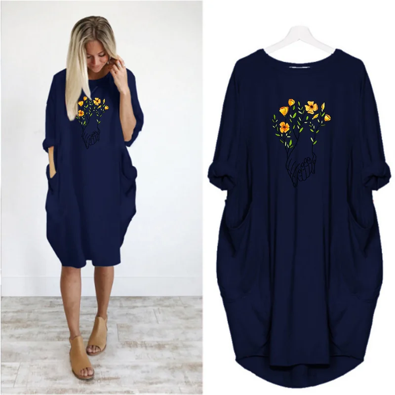 

Plus Size Loose Dress Women Simple Flower Hand Print Long Sleeve Round Neck Pocket Casual Vintage Party Vestidos Robe Streetwear