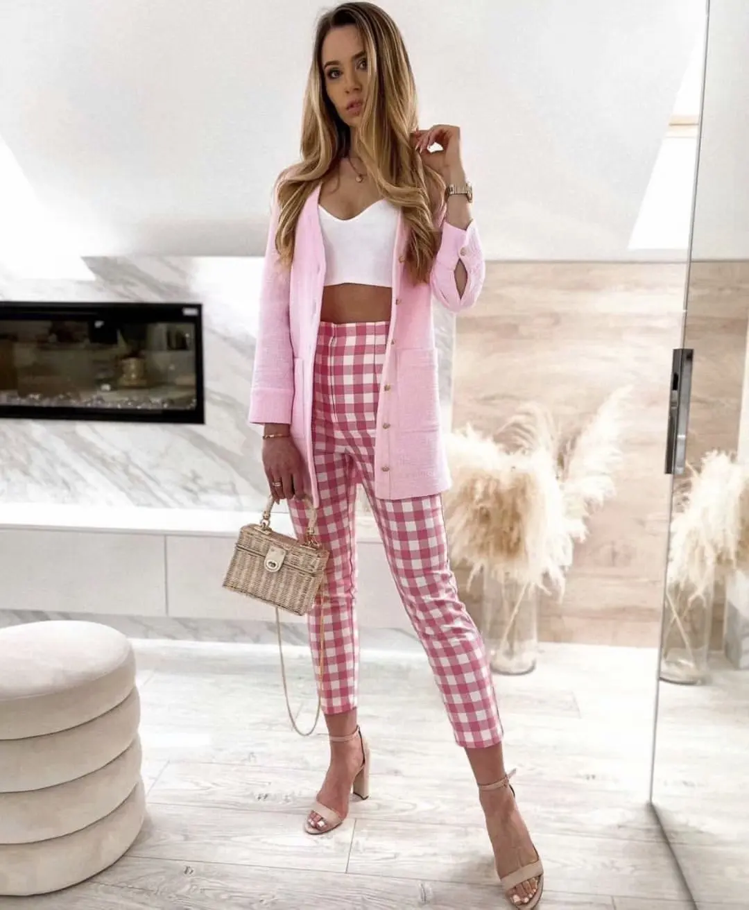 

JUNWU Spring Autumn Women's Pink Plaid High Waist Zipper Design Straight Trousers Chic Cut Design Trousers Casual Za Sweet Style