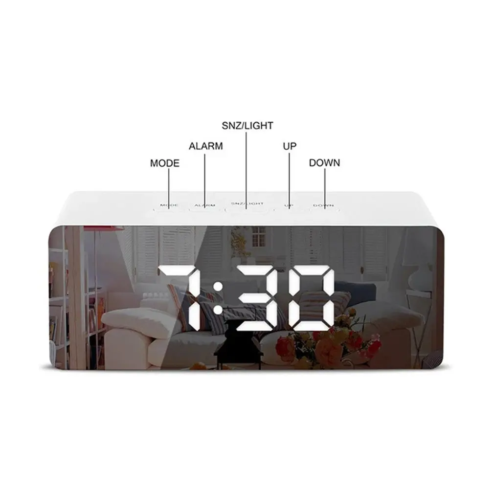 

LED Temperature Display Digital Mirror Alarm Clock With Snooze Time Adjustable Brightness For Bedroom Office