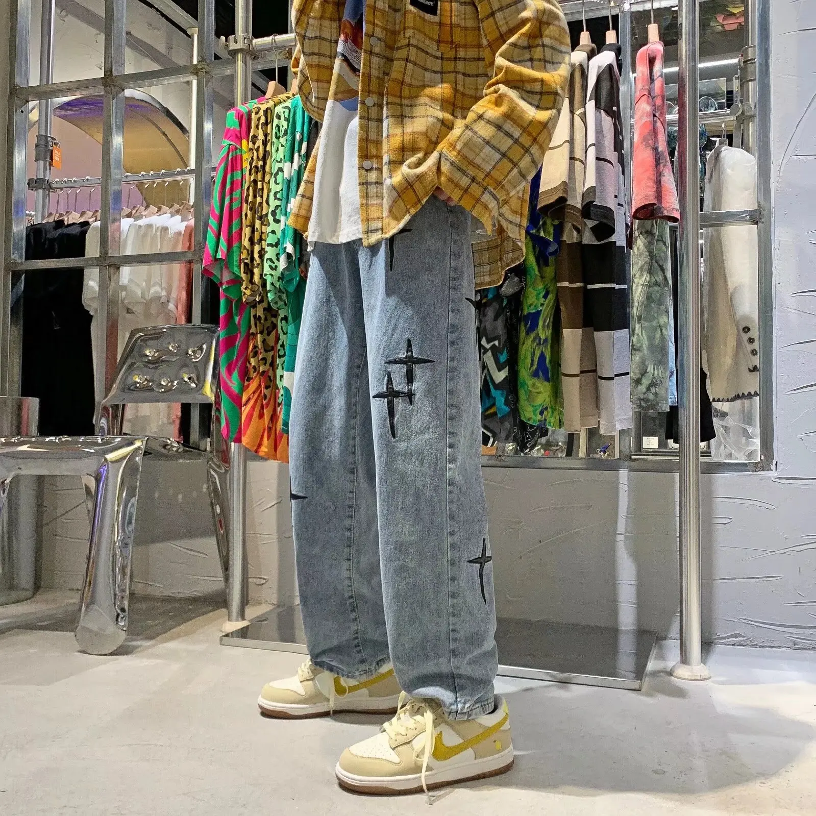 ICCLEK High Street Washed Jeans Men's Jeans Embroidered Jeans Straight Casual Pants Men Jeans  Skinny Jeans  Straight Leg Jeans