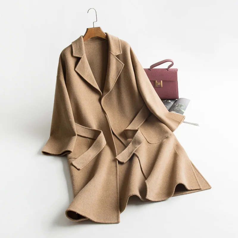 Женское зимнее шерстяное двубортное длинное твидовое пальто с открытым стежком |