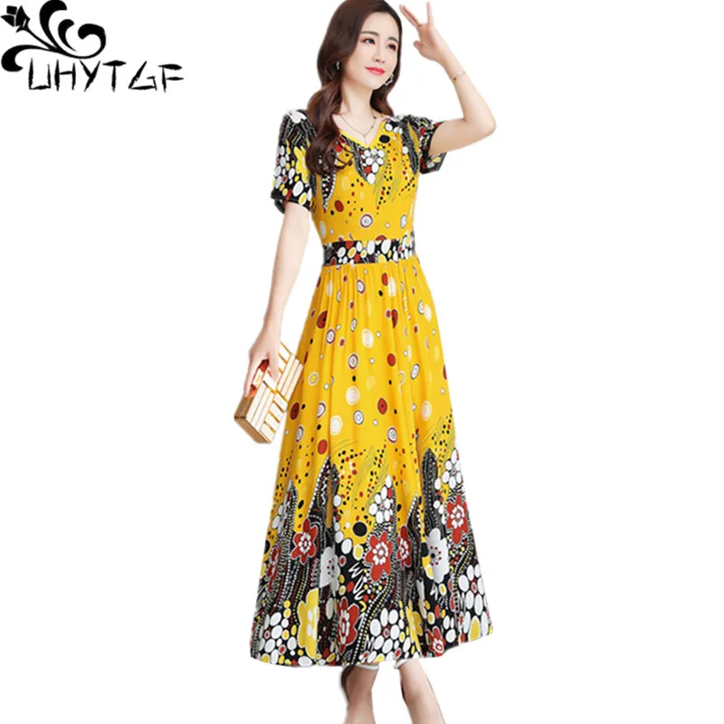 

UHYTGF летнее платье для мамы среднего возраста Модное Длинное платье из хлопка и шелка с принтом женские свободные платья большого размера с коротким рукавом 1661