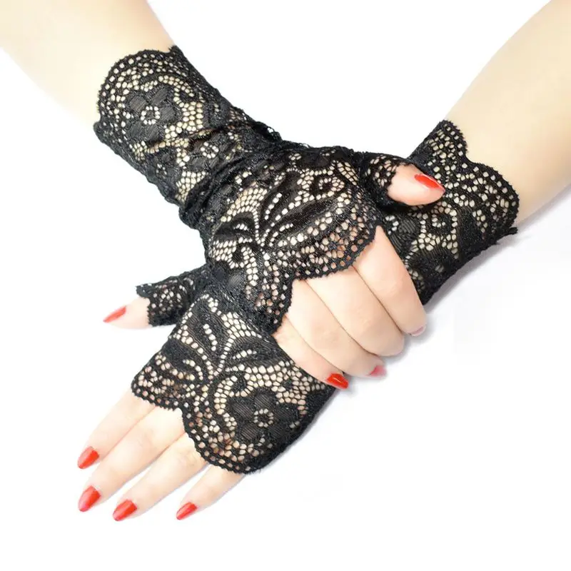 

Women Party Sexy Sheer Mesh Fingerless Gloves Embroidery Jacquard Floral Lace Shiny Sunscreen Driving Mittens
