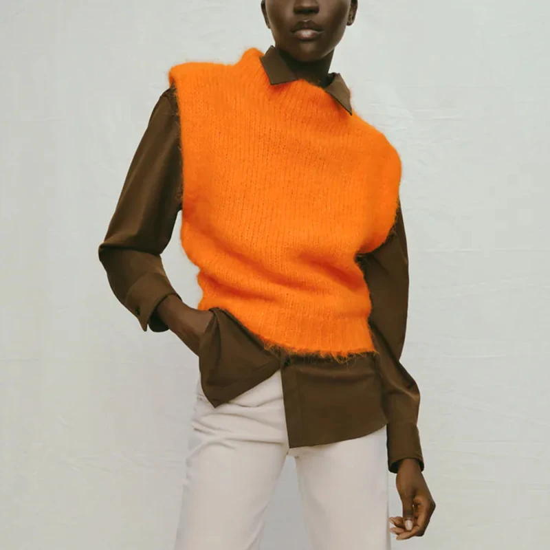 

WXWT Za Women Fashion Orange Knitted Vest Sweater O Neck Sleeveless Female Chic Waistcoat Tops DA2178