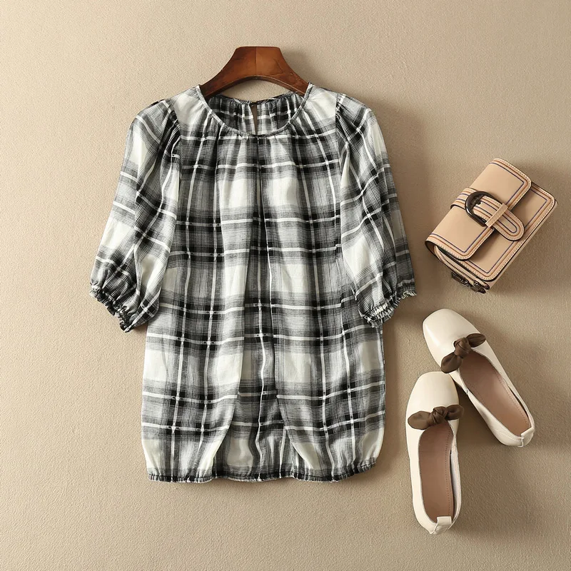 ElfStyle вискоза 100% Блузка в клетку с круглым вырезом и пышными рукавами 2020ss Женская