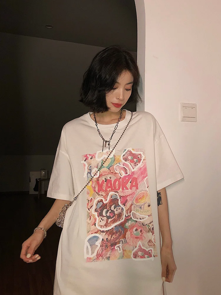 White Short Sleeve T-shirt Women's Summer New Loose Graffiti Printed Half Top Fashion | Женская одежда
