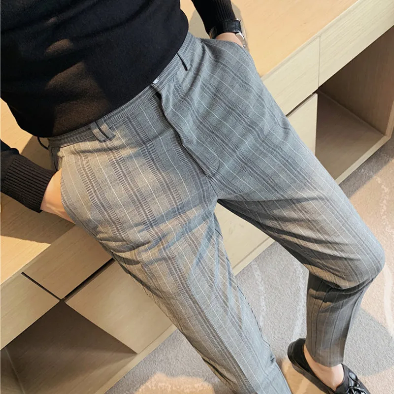 

2021 Brand clothing Men's spring slim fit Leisure pure cotton business suit pants/Male plaid Pencil pantsfashion trousers 28-38