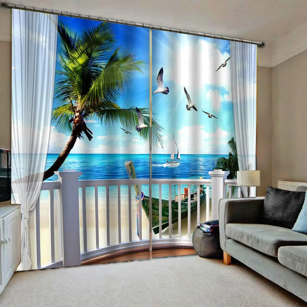 Тропический песочный пляж с видом на балкон 3D занавески окна морской пейзаж для