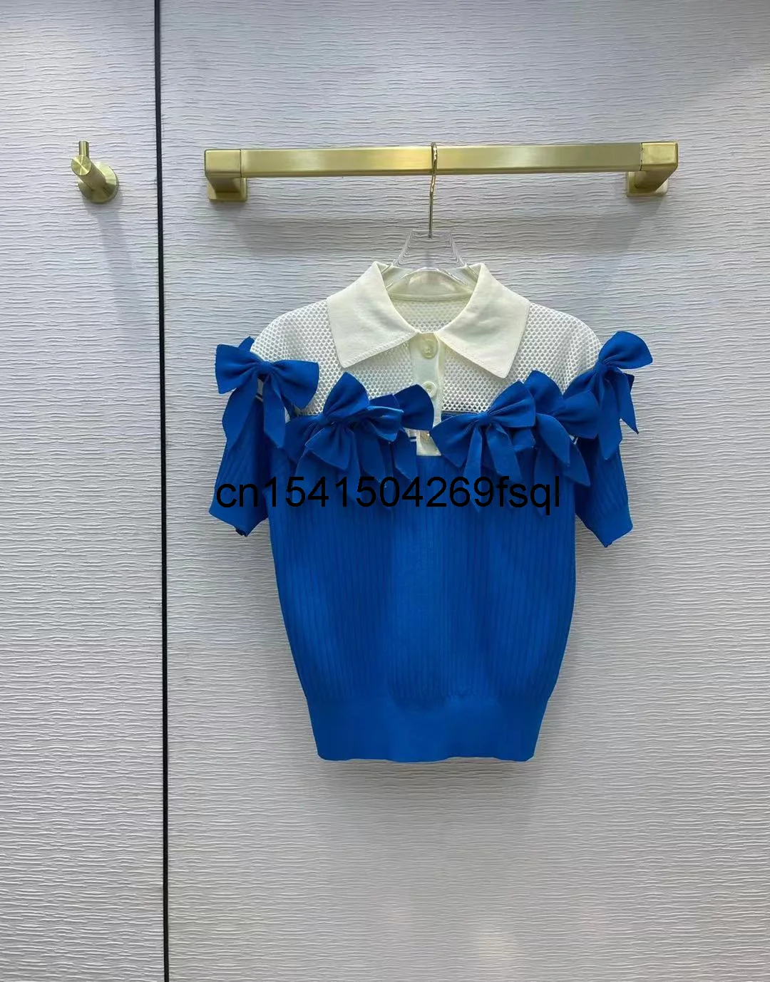 

New 2021 New Summer Women Knitted Shirt Short Sleeve Bow Hollow Out Color Patchwork Ladies Woman Casual Sweater Tops