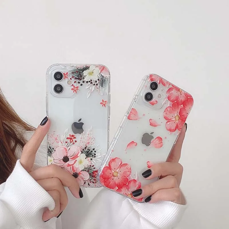 

Cute Colorful Flowers Case for IPhone 12 Mini 11 Pro Max X XR XS 7 8 Plus SE2020Clear Transparent Soft Silicone Clear TPU Cover