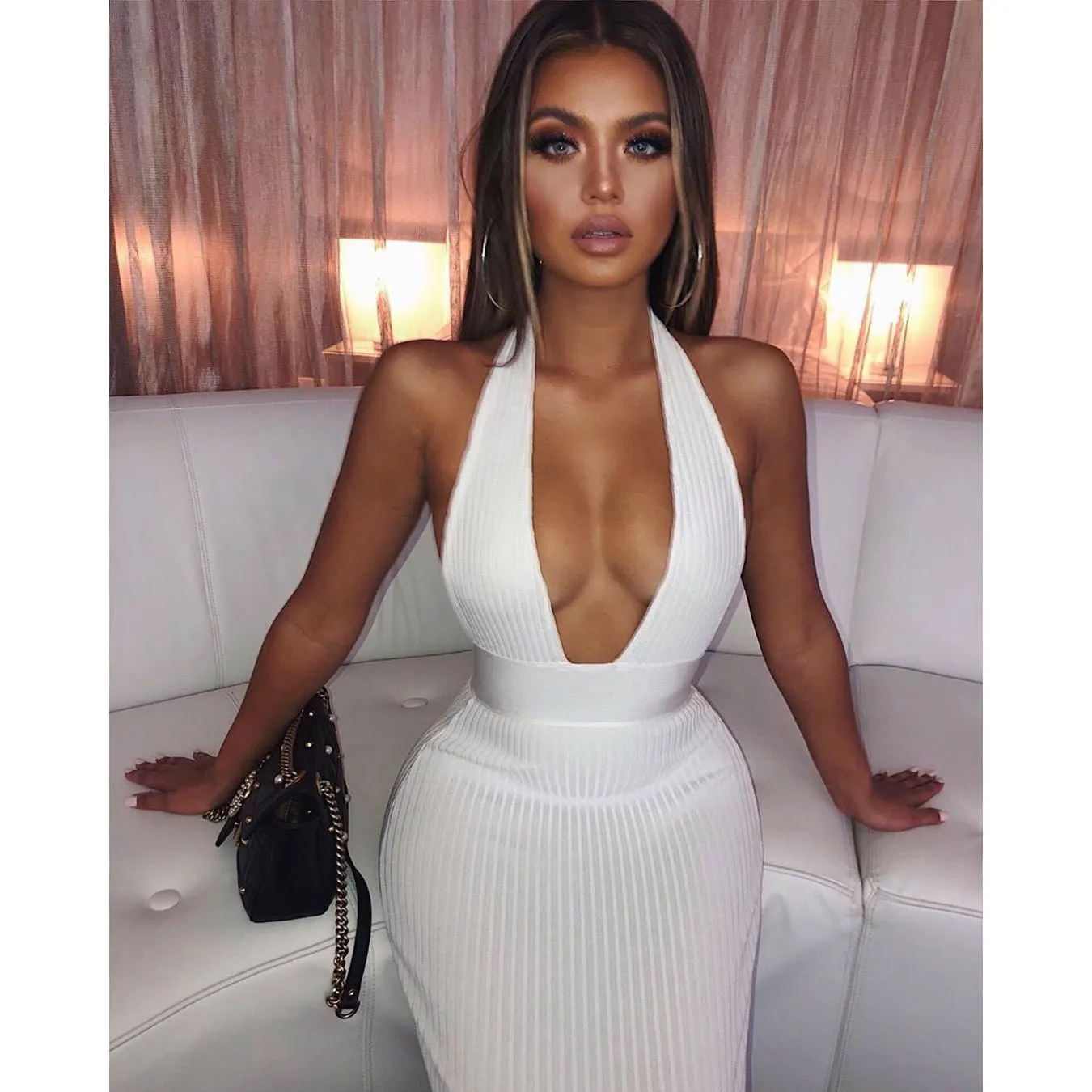 Женское вязаное платье карандаш с открытой спиной SCK белое длинное облегающее