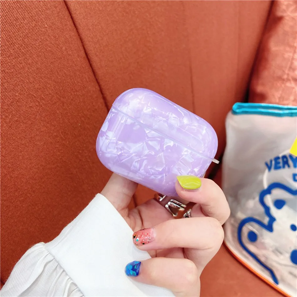 

Earphone Case For AirPods 2 INS Purple Marble Shell Conch Case For AirPods Pro aipods 3 Soft Earphones Cover with Pearl Lanyard