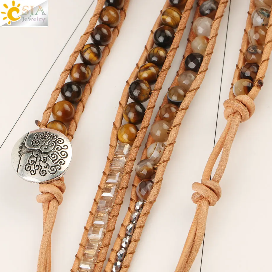 CSJA Boho Wrap Leather Bracelet Natural Ammonite Fossils Hematite Tiger Eye Bead Multilayer Woven Charm Bracelets for Women S475