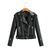 new autumn women pu leather jacket woman zipper belt short coat female black punk bomber faux leather outwear brand coats