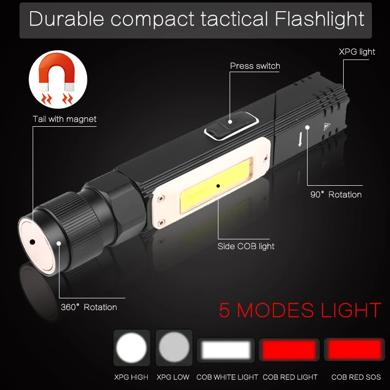 

15000LM Handfree Tactical Flashlight Dual Fuel 90 Degree Twist Rotary Clip Rechargeable Super Bright 5 Modes LED Torch Outdoor
