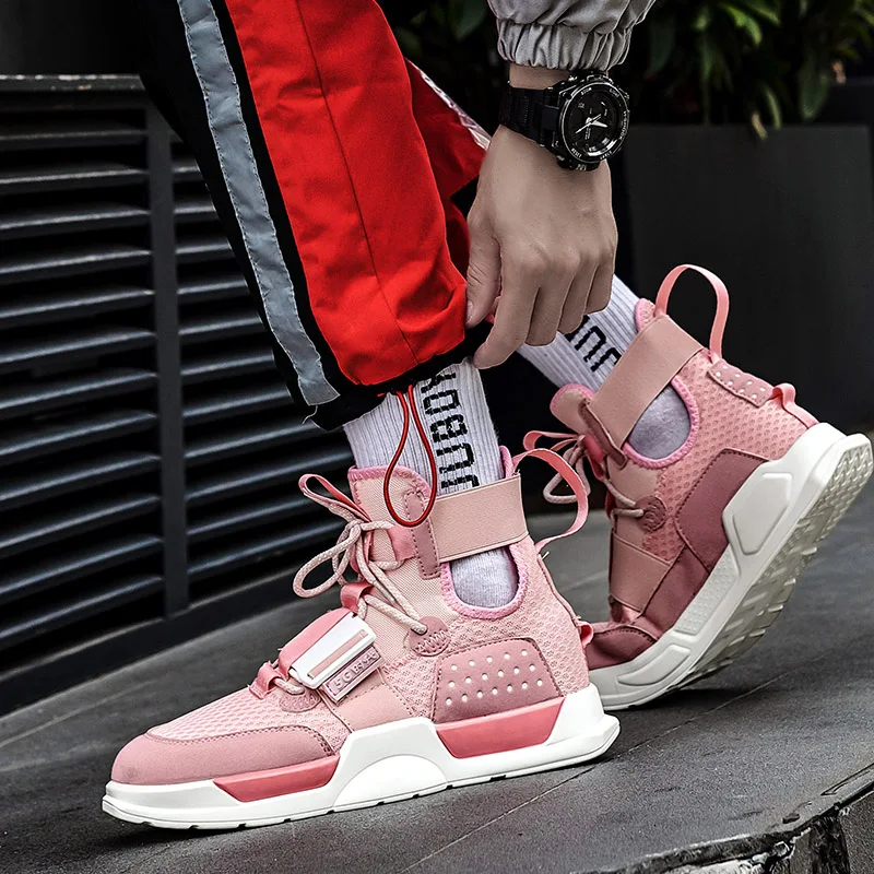 Женские кроссовки унисекс розовые высокие на платформе повседневная обувь