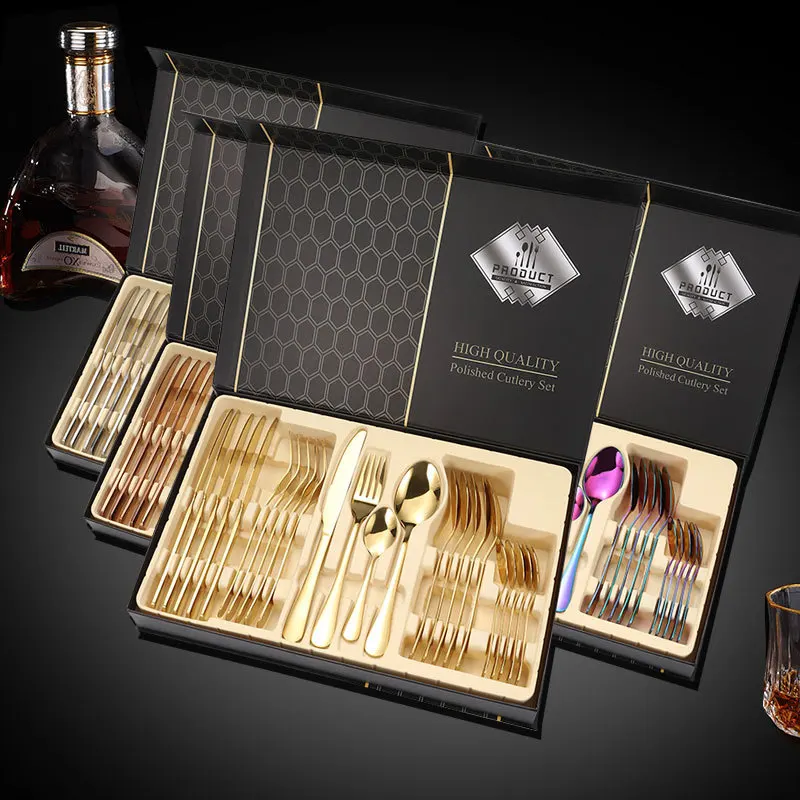 

Новый Усовершенствованный нож и вилка из нержавеющей стали, ложка, стейк, позолоченные столовые приборы, 24 предмета, Рождественский подароч...