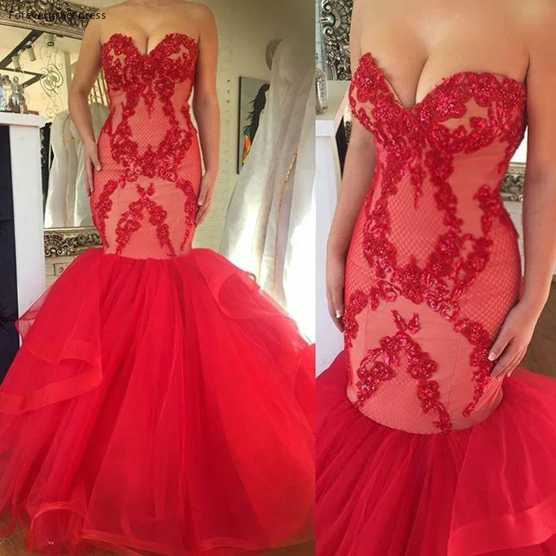 

Red Sweetheart Prom Dress Lace Tulle Mermaid Evening Reception Party Gown Custom Made Plus Size
