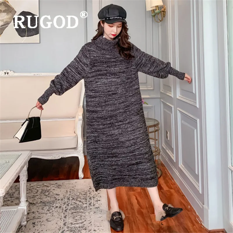 RUGOD вязаный шерстяной свитер Макси платье джемпер Трикотаж Водолазка пуловер
