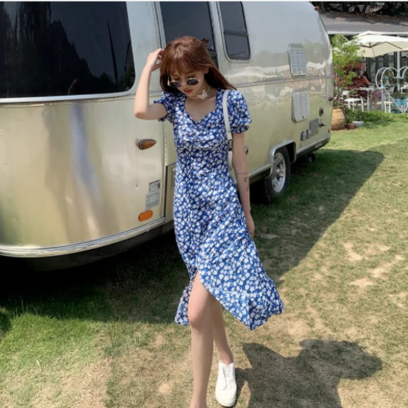 

GOOHOJIO 2021 Summer New Temperament Print Floral Women Dresses Short Sleeve Dresses for Women Vacation Split Fork Ladies Dress