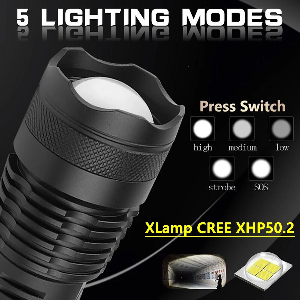 Прямая поставка XHP50.2 самый мощный светодиодный фонарик 48 Вт USB зум фонарь XHP50 18650