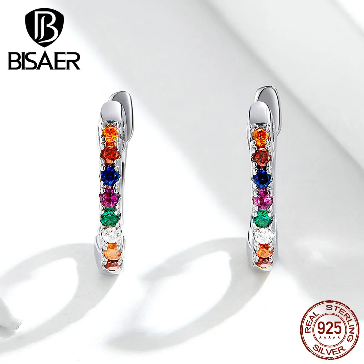 Серьги-гвоздики BISAER Лидер продаж 925 пробы серебряные круглые женские серьги цветной, с кубическим цирконом CZ серебряные ювелирные изделия ECE721
