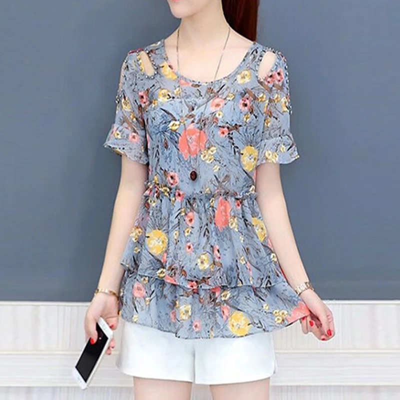 

Women's Spring Summer Style Chiffon Blouses Shirt Women's Ruffles Printed Short Sleeve Off Shoulder LooseTops SP103