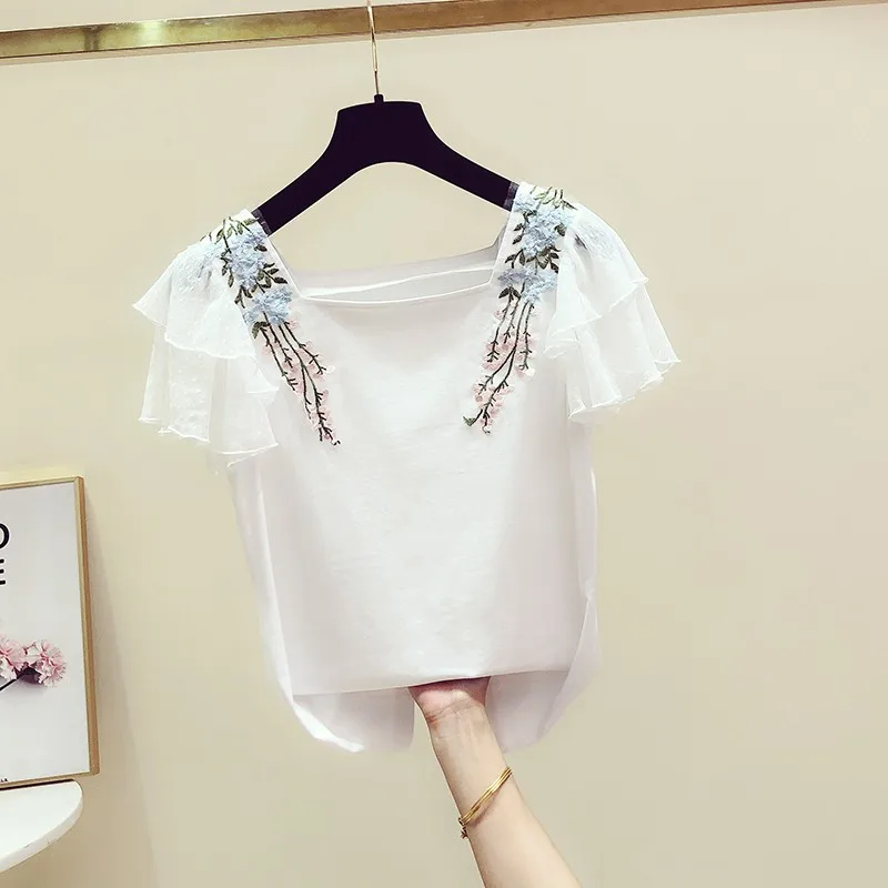 2021 летние новые женские футболки с цветочной вышивкой квадратным воротником