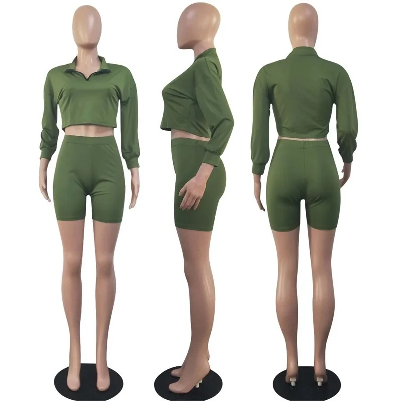 

Summer Biker Shorts Matching Sets Long Sleeve Lapel Zipper Short Top And Elastic Short Pants Two Piece Sets